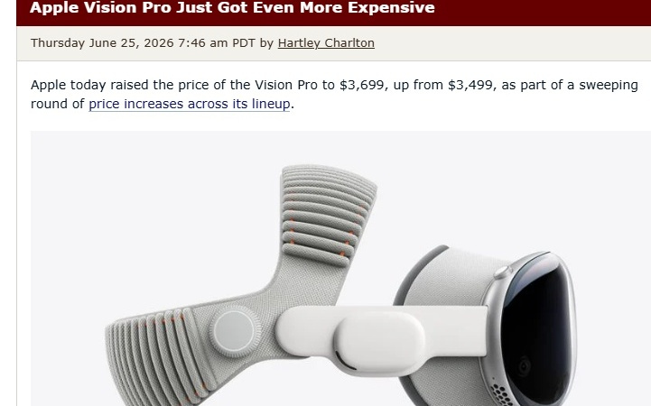 成本压力加剧，苹果Vision Pro入门价或涨至3699美元