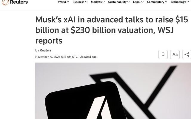 马斯克的xAI洽融150亿美元融资，估值半年翻倍提速AI竞赛