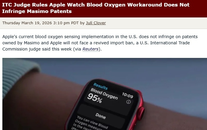 专利纠纷新进展：ITC裁定Apple Watch血氧规避方案不侵权
