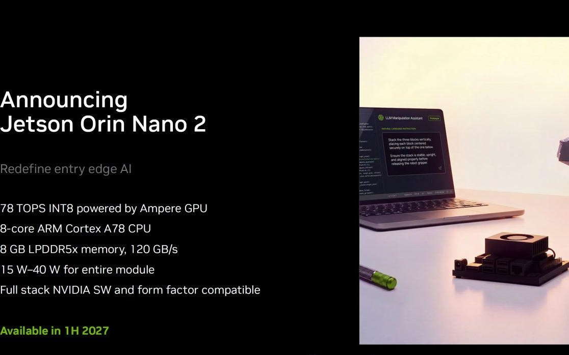 英伟达瞄准入门级物理AI,Jetson Orin Nano 2推理性能翻倍、功耗降四成
