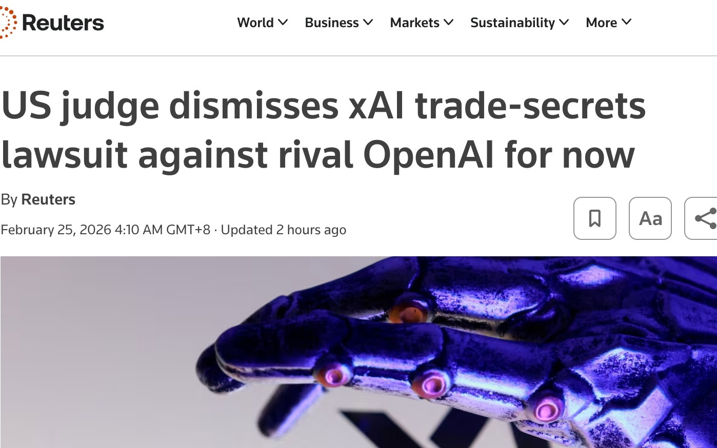 美法官驳回xAI对OpenAI商业机密诉讼：指控缺乏证据支撑