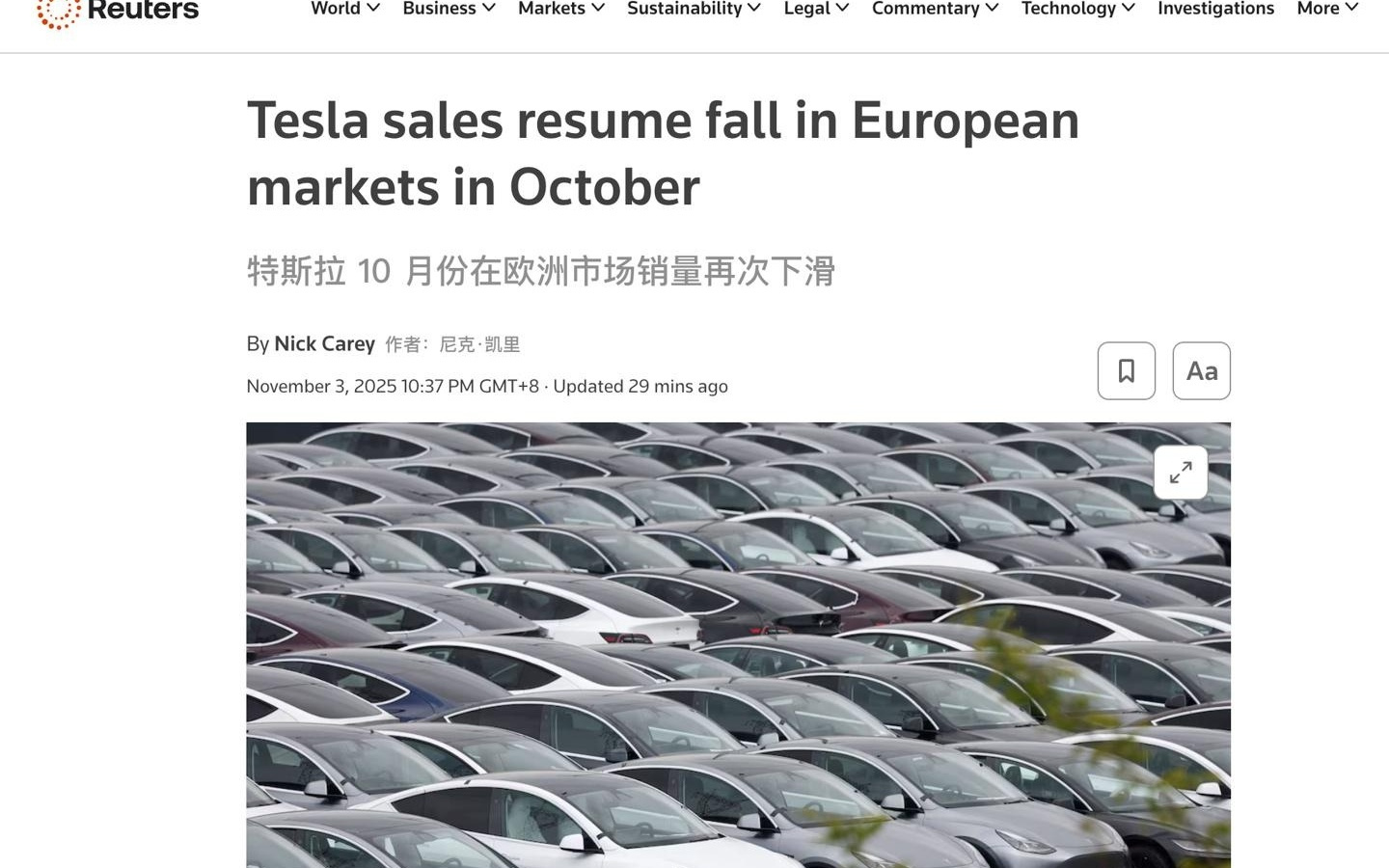 特斯拉 10 月欧洲多地销量下滑：在瑞典暴跌 89%、在挪威下跌 50%