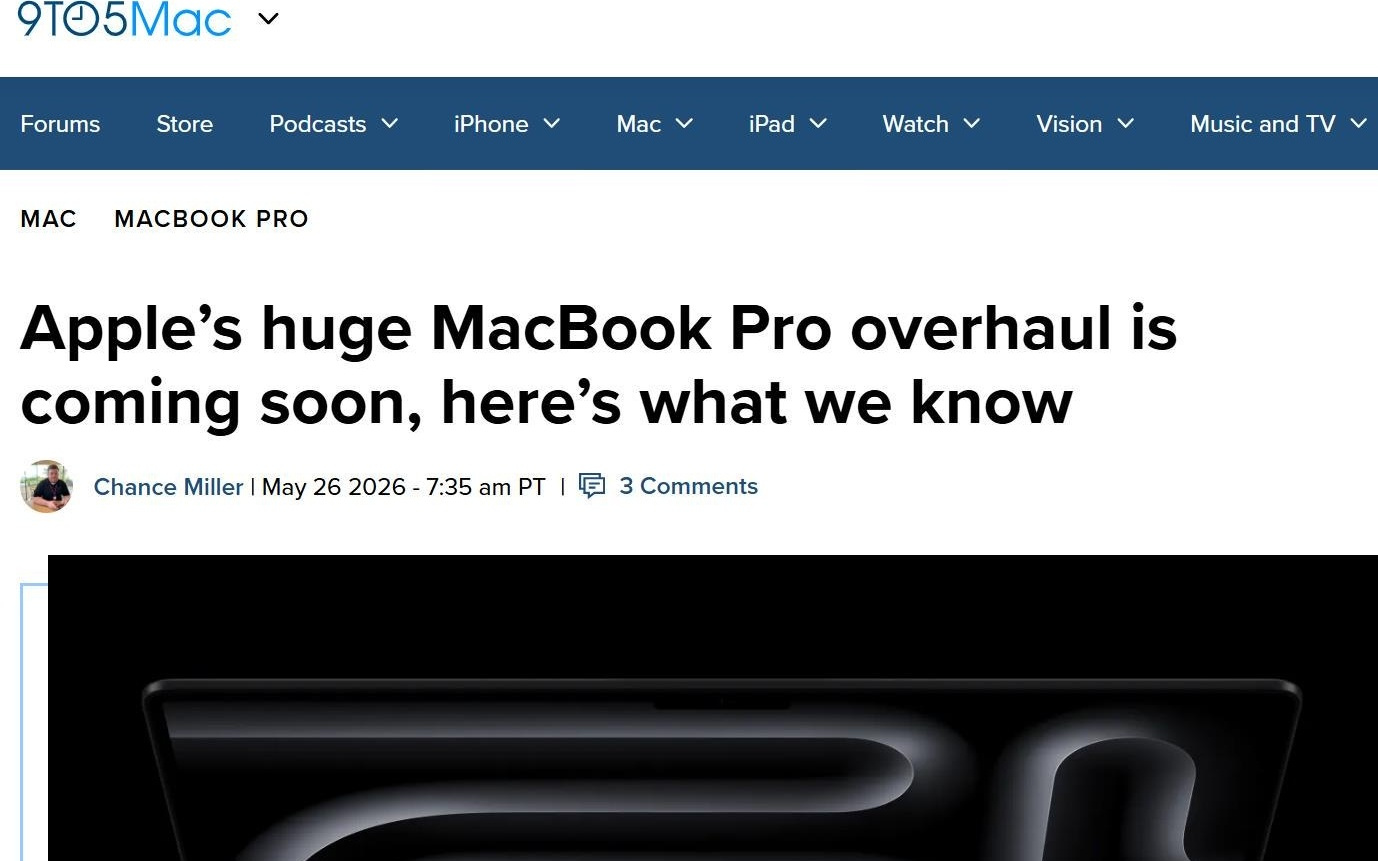 苹果MacBook Pro将迎史上最大改款：首发OLED触控屏与M6芯片