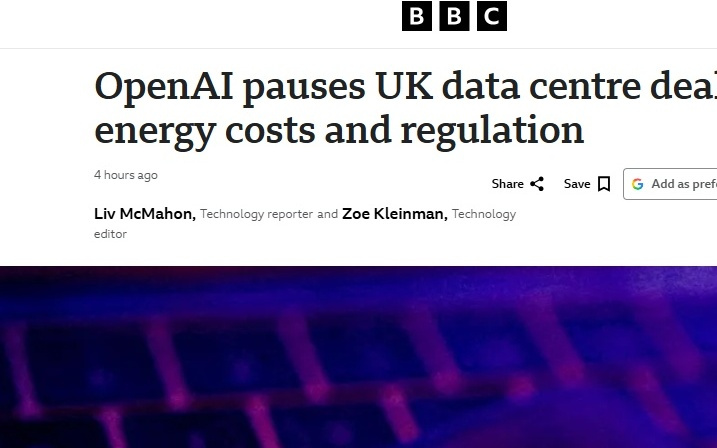 OpenAI暂停英国数十亿英镑数据中心项目，称需“合适条件”