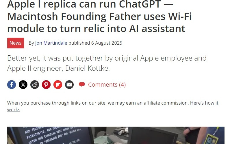 苹果元老级人物打造 Apple I 电脑复制品，能用 ChatGPT