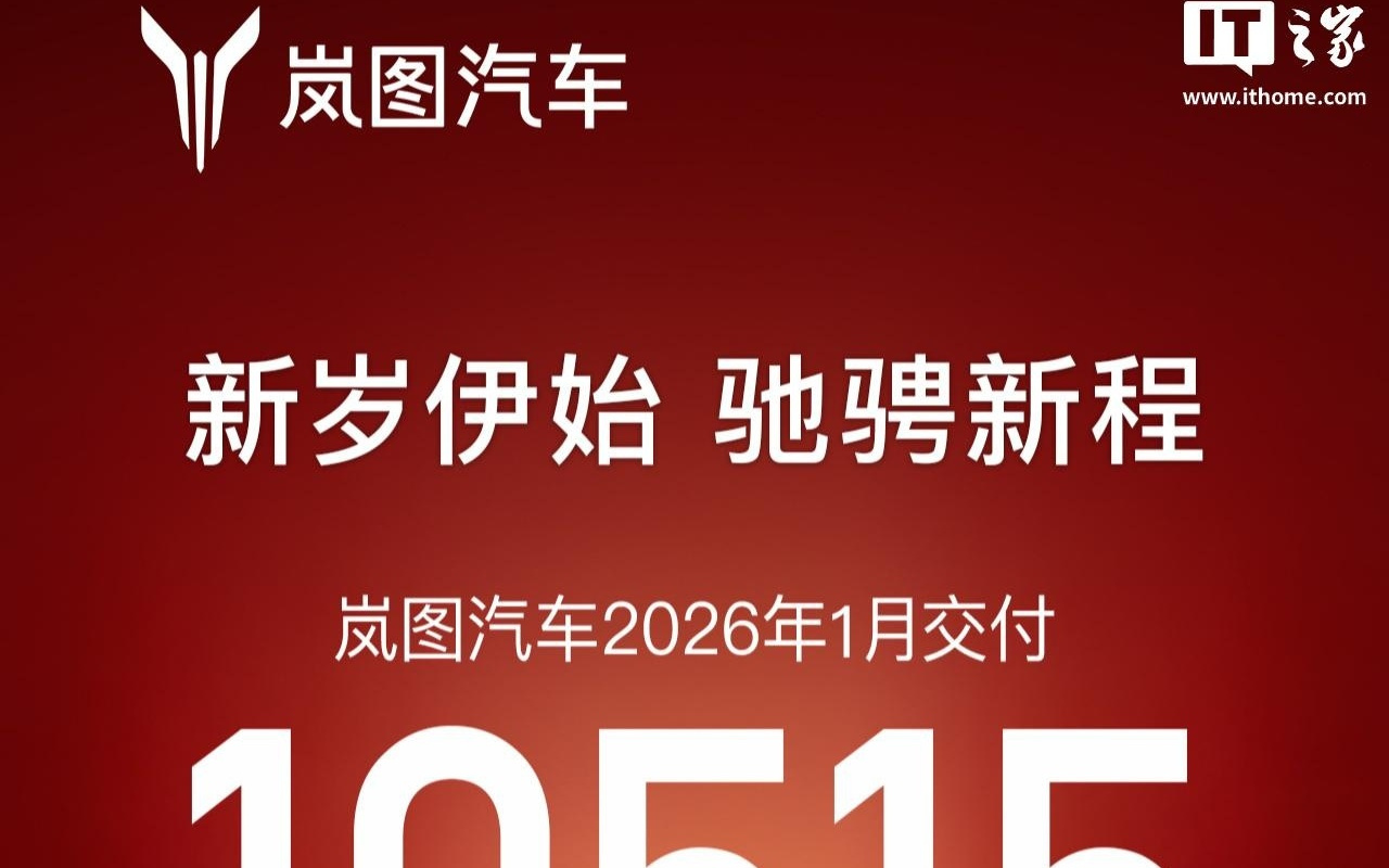 三连升：岚图汽车2026年1月交付10515辆，同比增长31%