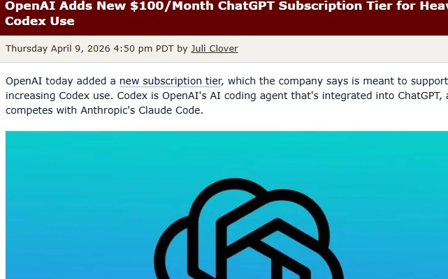 OpenAI新增100美元/月ChatGPT套餐，Codex额度翻倍