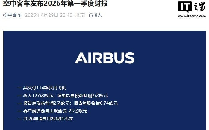 空中客车：2026年Q1交付114架民用飞机，储备订单9037架