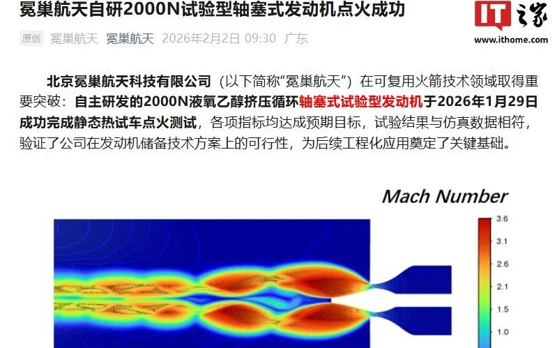 我国冕巢航天自研2000N试验型轴塞式发动机点火成功