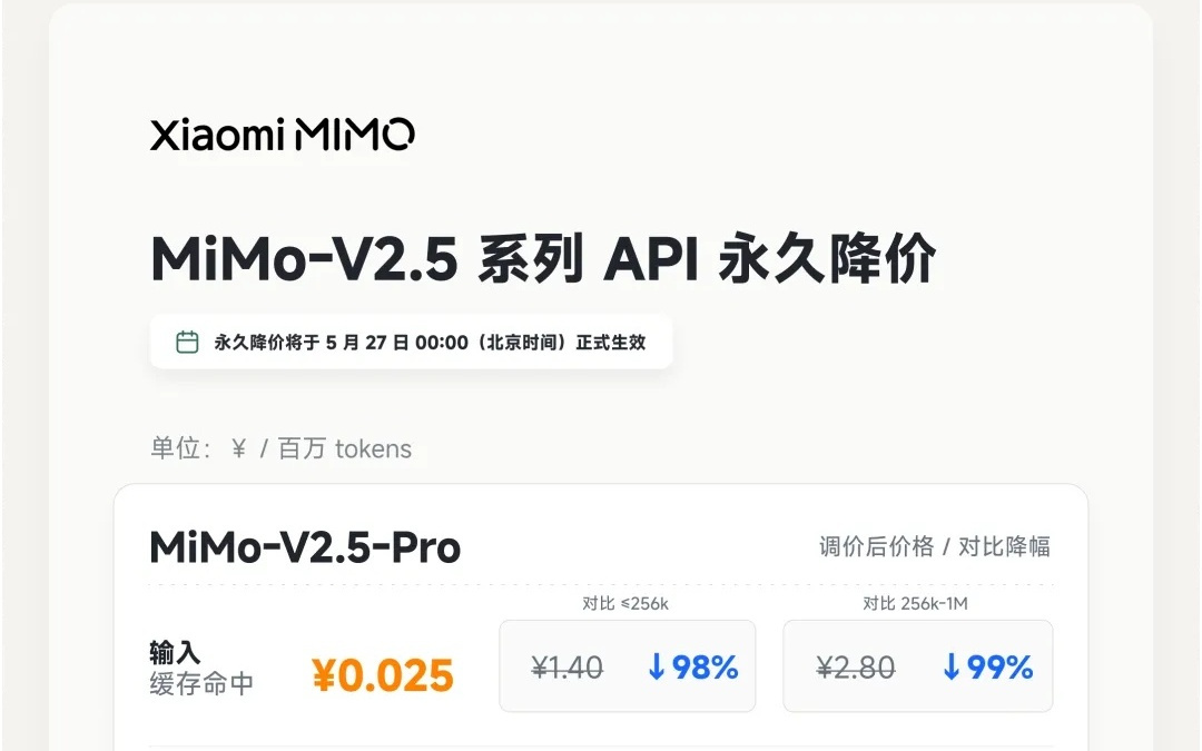 小米MiMo-V2.5系列API永久降价,新定价最高降幅可达99%