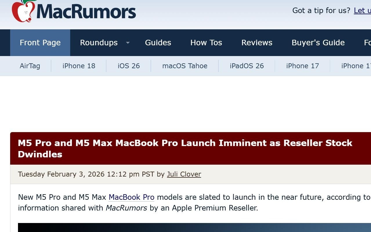 苹果将发布M5 Pro与M5 Max MacBook Pro，经销商库存告急预示新品临近