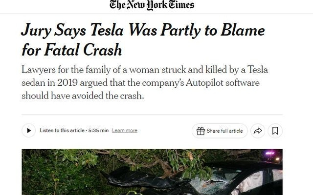 特斯拉自动驾驶致死案被判赔2.43亿美元，专家称Autopilot存缺陷