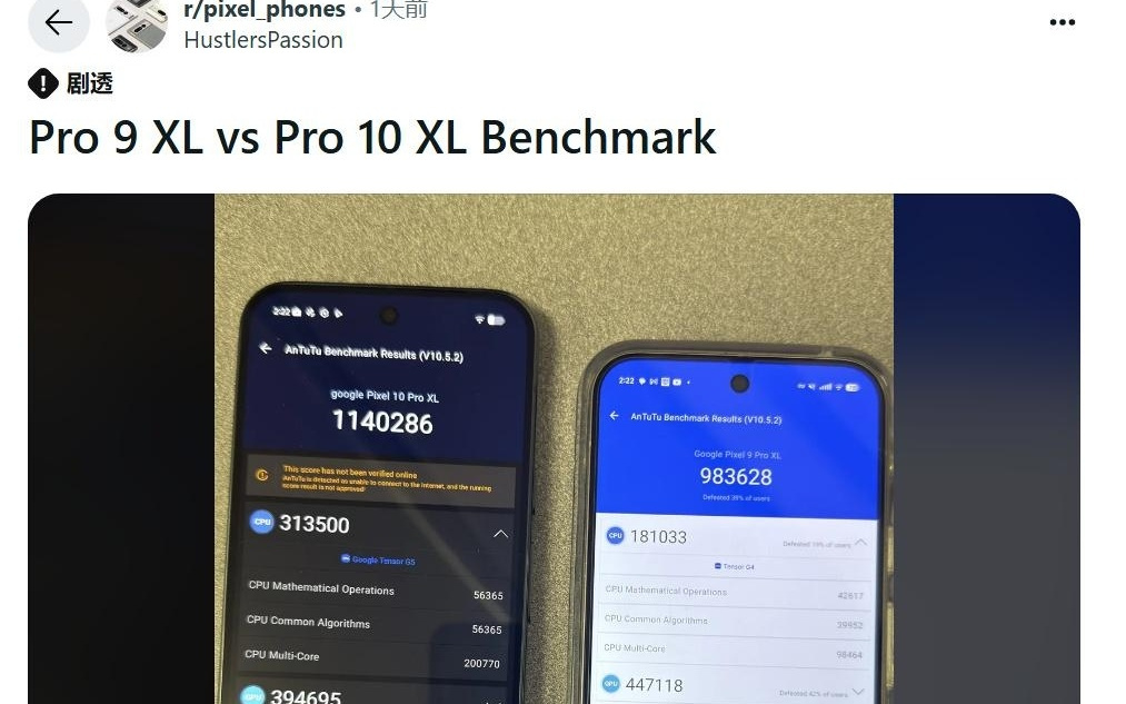 谷歌 Pixel 10 Pro XL 手机跑分曝光：