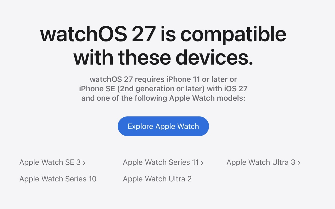 苹果watchOS 27淘汰Apple Watch Series 6/7/8/9、SE 2