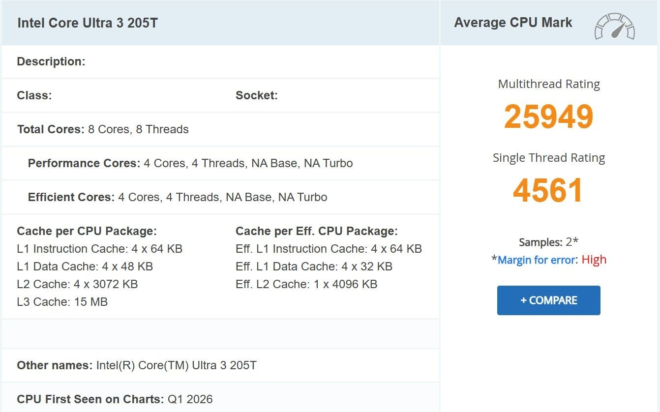 英特尔酷睿Ultra 3 205T处理器PassMark跑分曝光