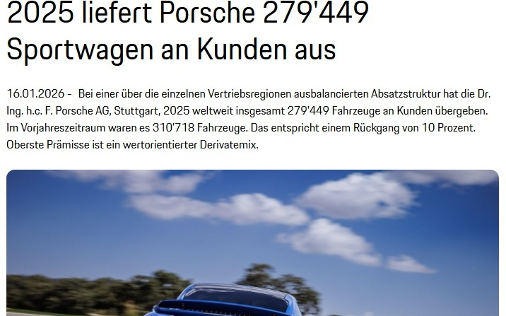 保时捷2025年全球交付量27.94万辆，同比下降10%