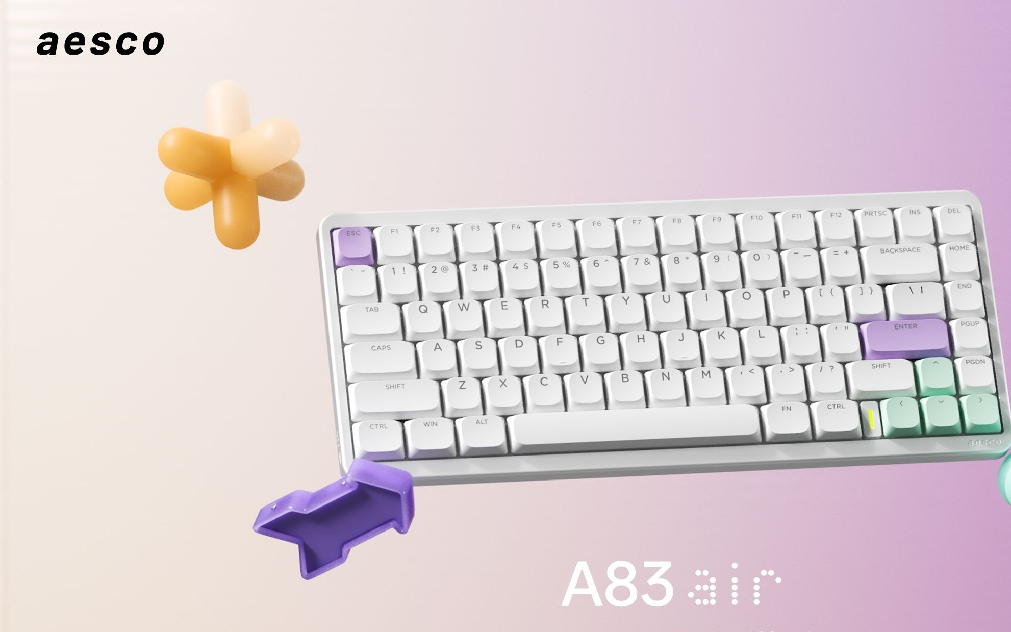 aesco推出三模矮轴机械键盘A83 Air：圆角美学键帽，499元