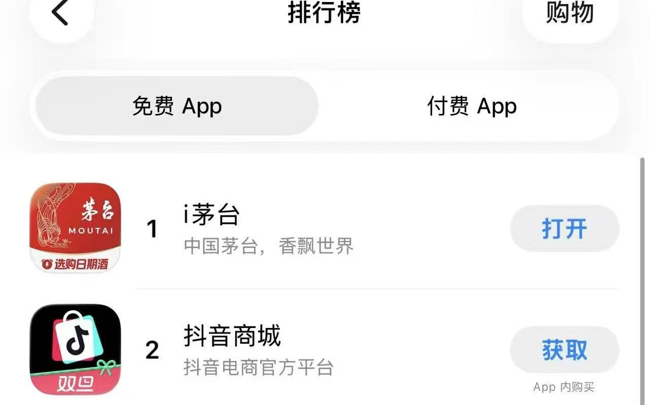 i茅台APP冲上苹果购物免费榜第一