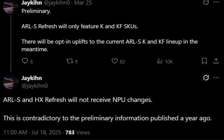 消息称英特尔Arrow Lake Refresh更新仅限时钟提升