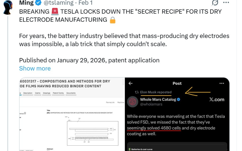 锂电池重大突破！马斯克：特斯拉实现干电极电池规模化生产