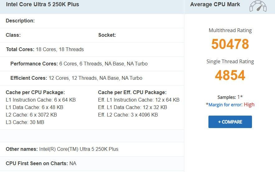 英特尔酷睿Ultra 5 250K Plus处理器PassMark跑分曝光