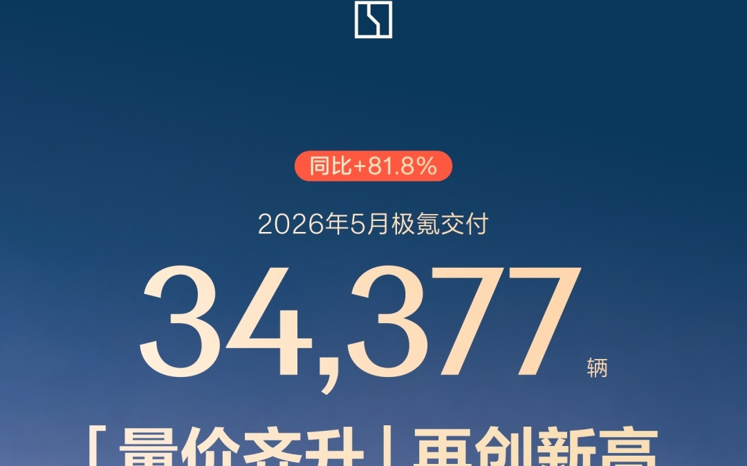 极氪5月交付34377辆再创新高，同比增长81.8%