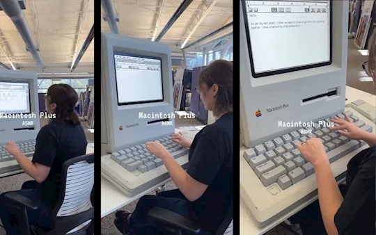 1986年的苹果巨无霸Mac电脑亮相:女孩打字演示 这键盘太狂了