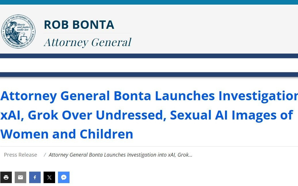 美执法机关对Grok“涉黄”动手：马斯克的xAI遭加州调查