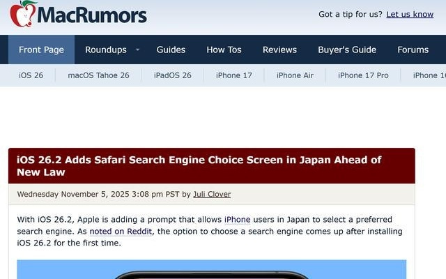苹果顺应日本新规 iOS 26.2将支持默认搜索引擎自定义及第三方应用商店