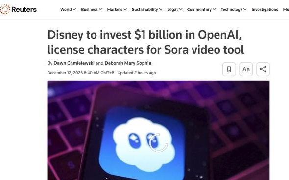 迪士尼10亿美元战略投资 OpenAI ，授权Sora生成旗下包括米老鼠在内的众多IP角色视频