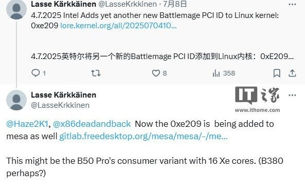 英特尔向 Linux 添加新 PCI ID，暗示将推出入门级 Arc B380 显卡