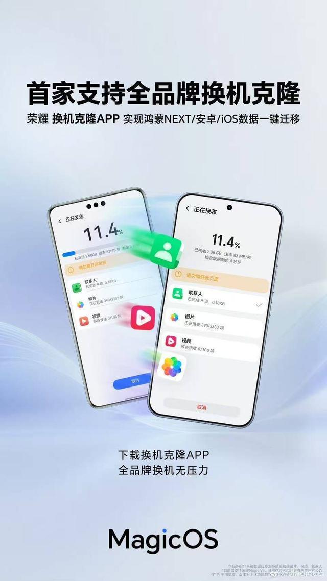荣耀MagicOS首发支持鸿蒙NEXT换机克隆