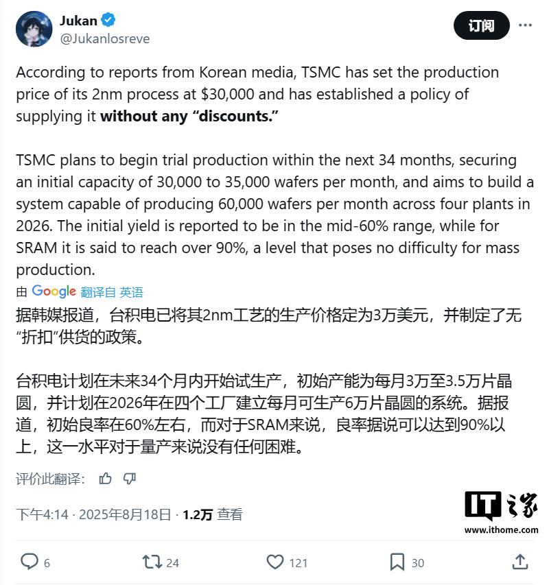 台积电 2nm 工艺晶圆曝光：每片 3 万美元、初始良率约 60%