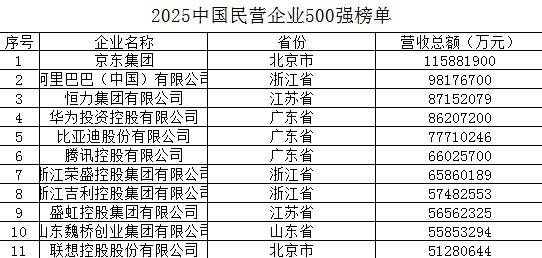 2025中国民营企业500强报告发布，京东集团等排名前三