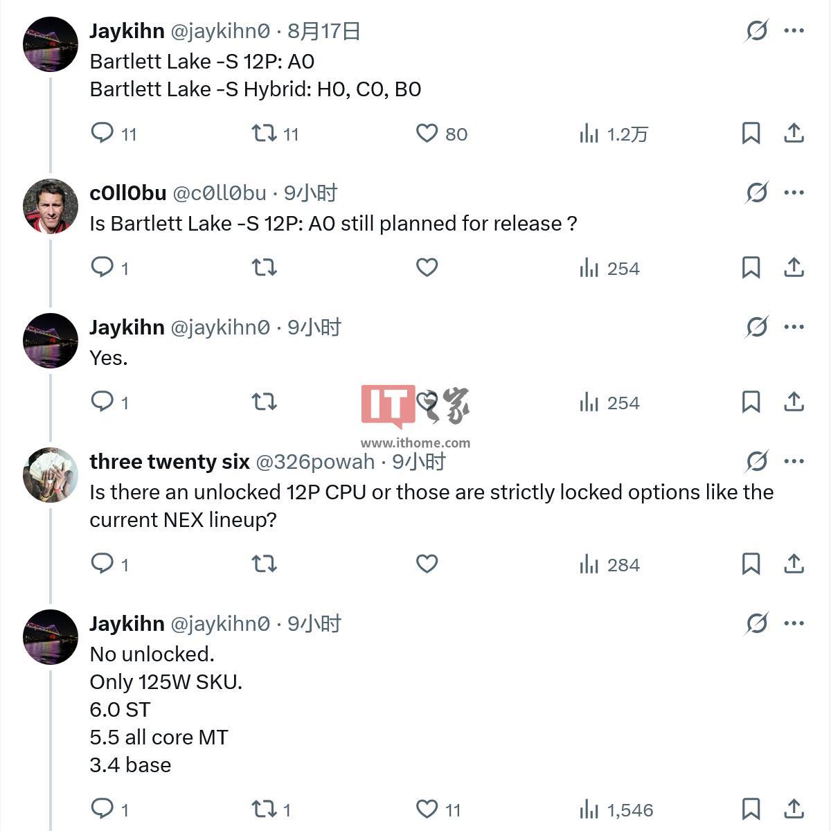 曝英特尔仍将推出 "Bartlett Lake S 12P" 处理器，单核可达 6GHz