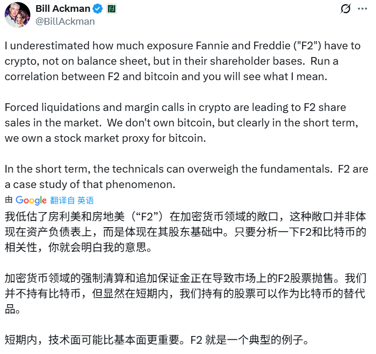 Bill Ackman：加密货币市场动荡正波及“两房”股价