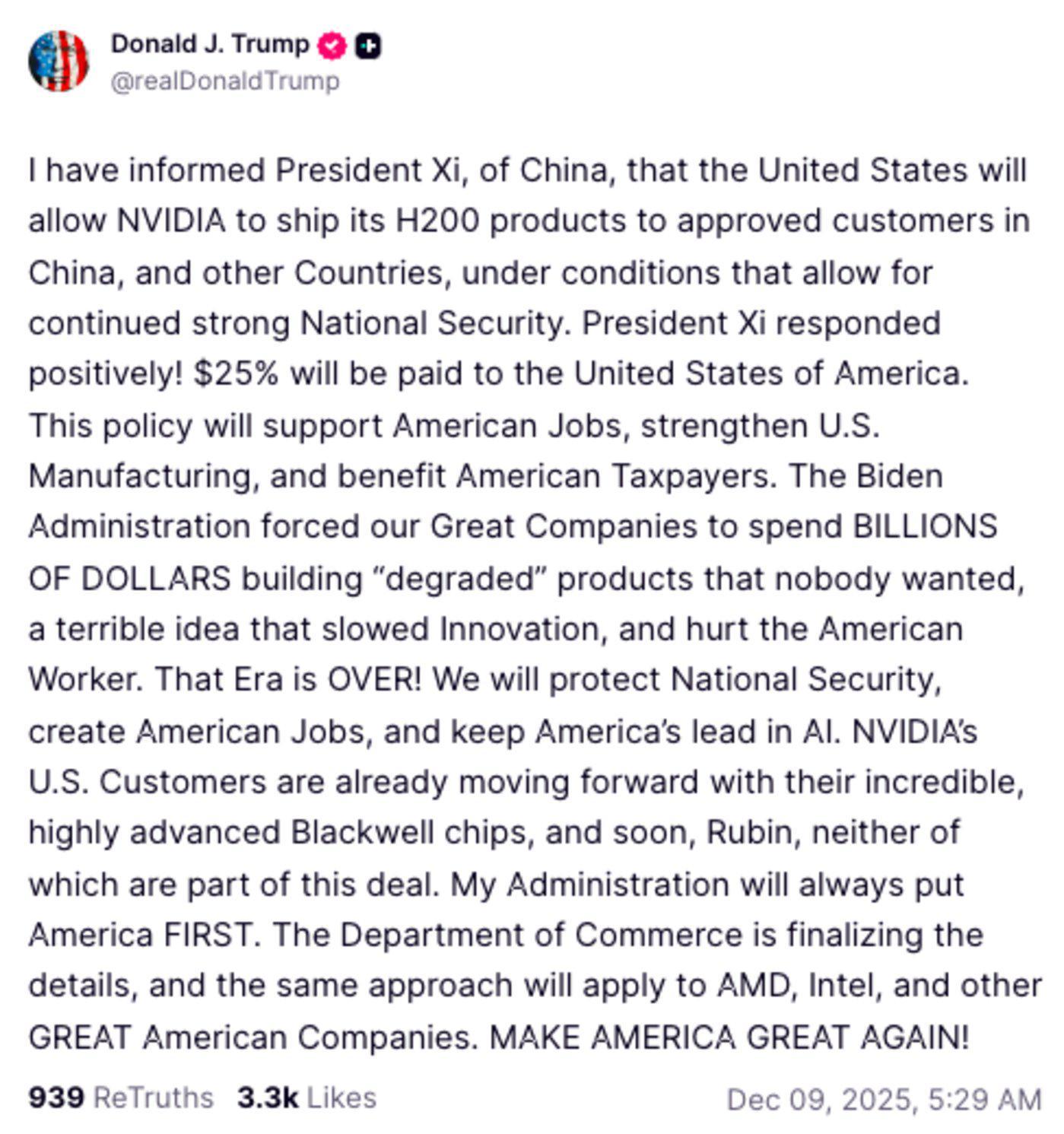 突发！特朗普宣布，美国允许英伟达对华出售H200芯片，Blackwell和Rubin除外