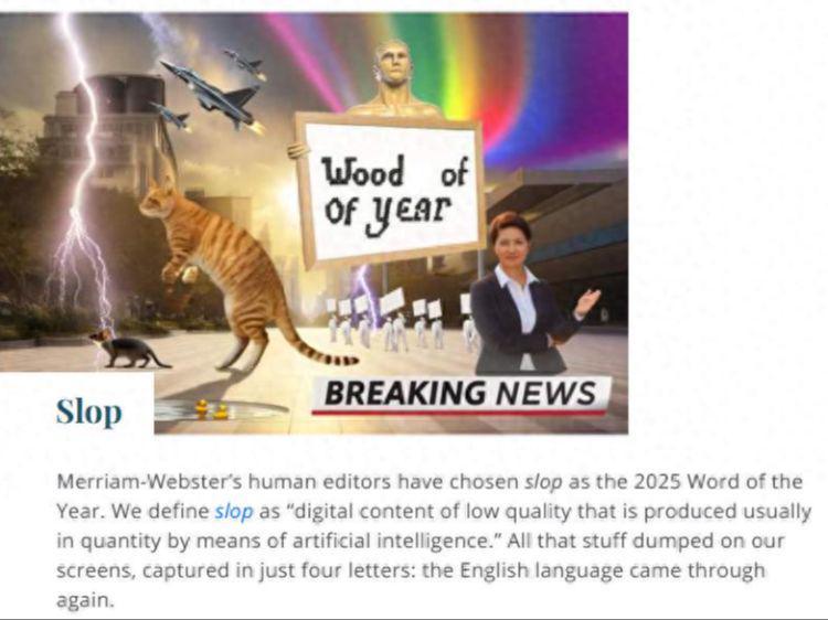 精準定位公眾對海量低質AI內容的不適感，《韋氏詞典》公布年度詞匯“AI泔水”