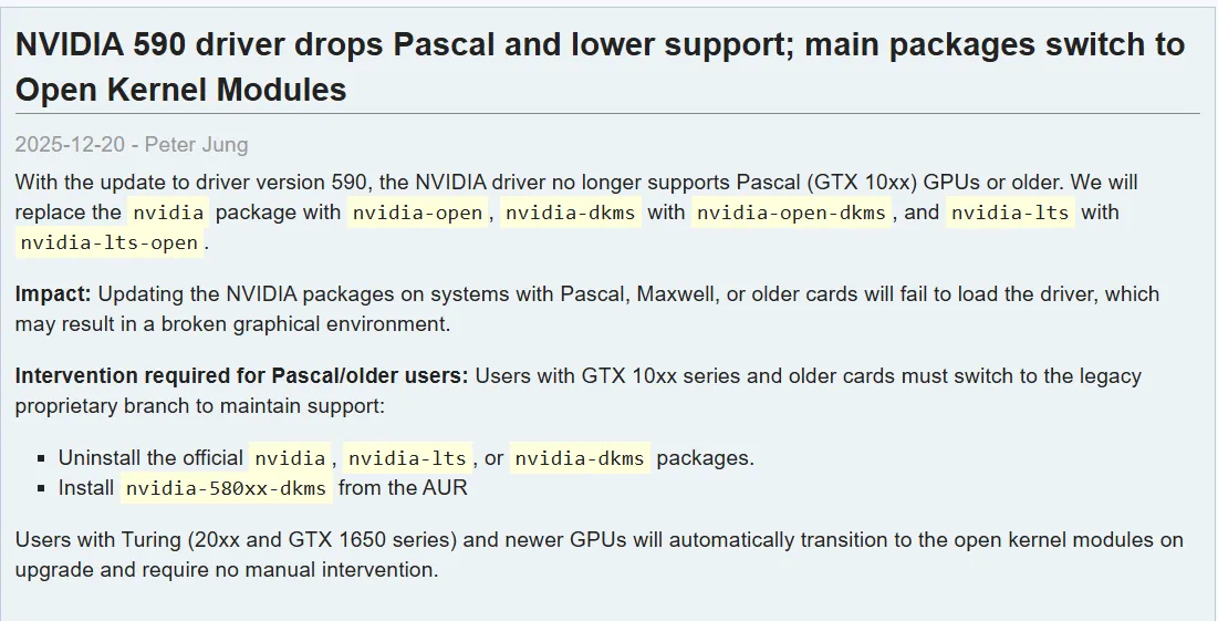 Arch Linux系统停止支持英伟达GTX 10系列显卡