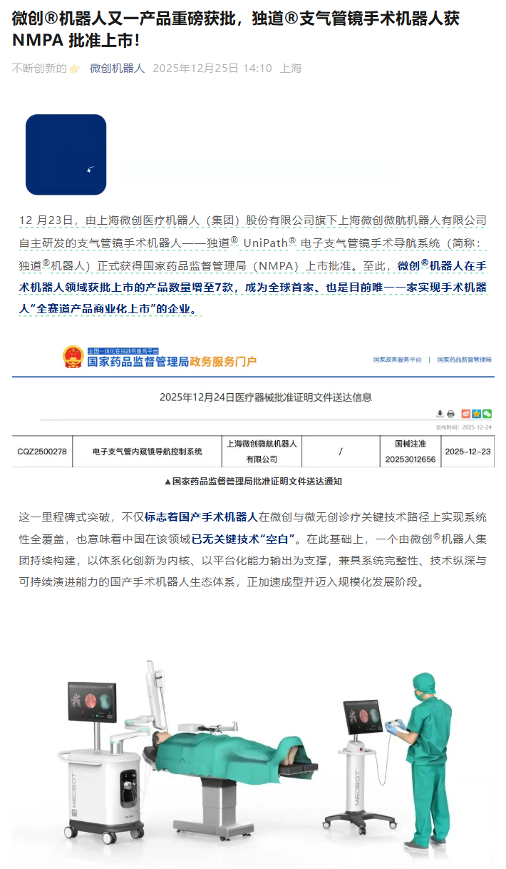 再次填補國產(chǎn)空白，微創(chuàng)獨道支氣管鏡手術機器人獲批上市
