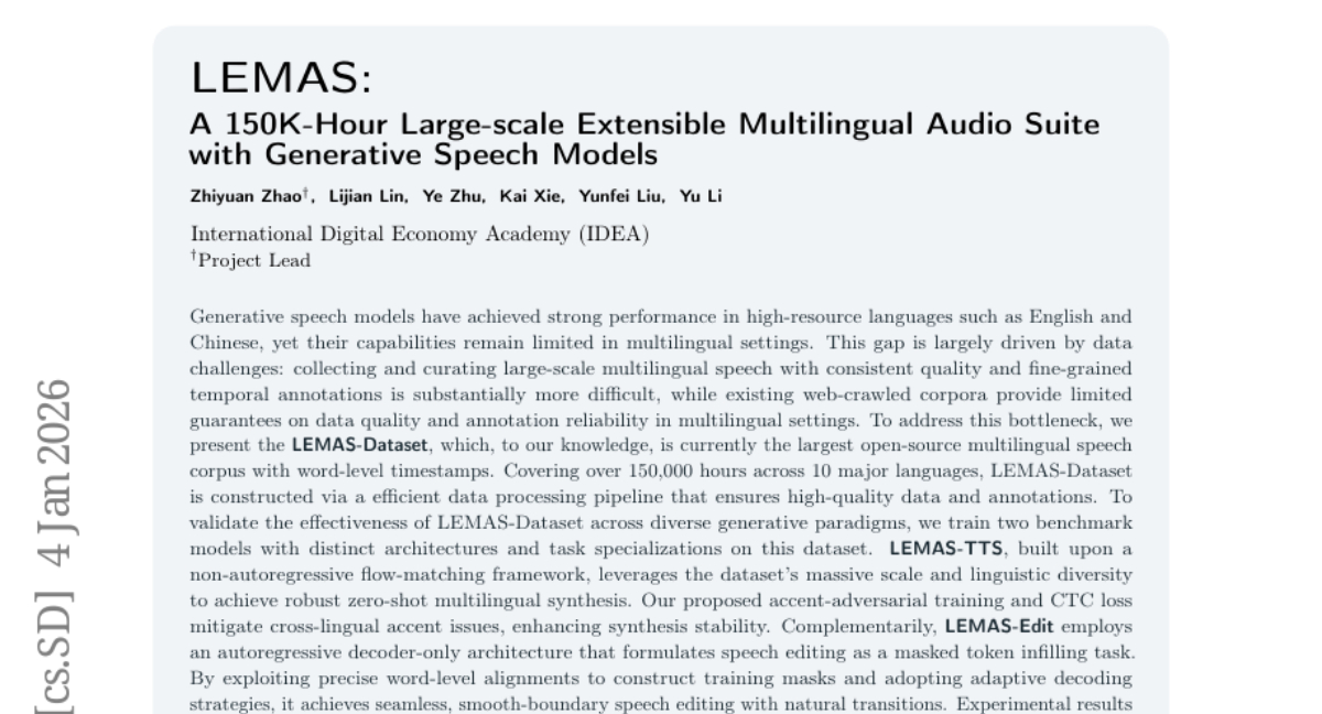 IDEA研究院发布LEMAS：首个15万小时多语言语音数据集