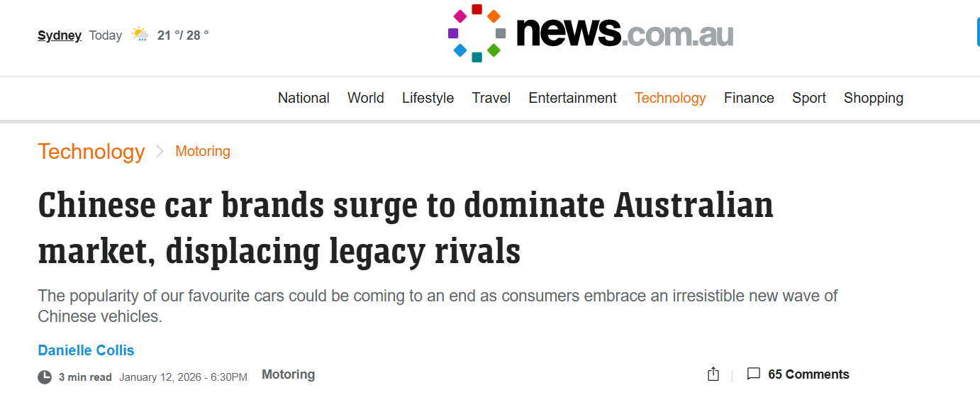 中国品牌助力，澳大利亚电动化车型12月单月销量首超燃油车