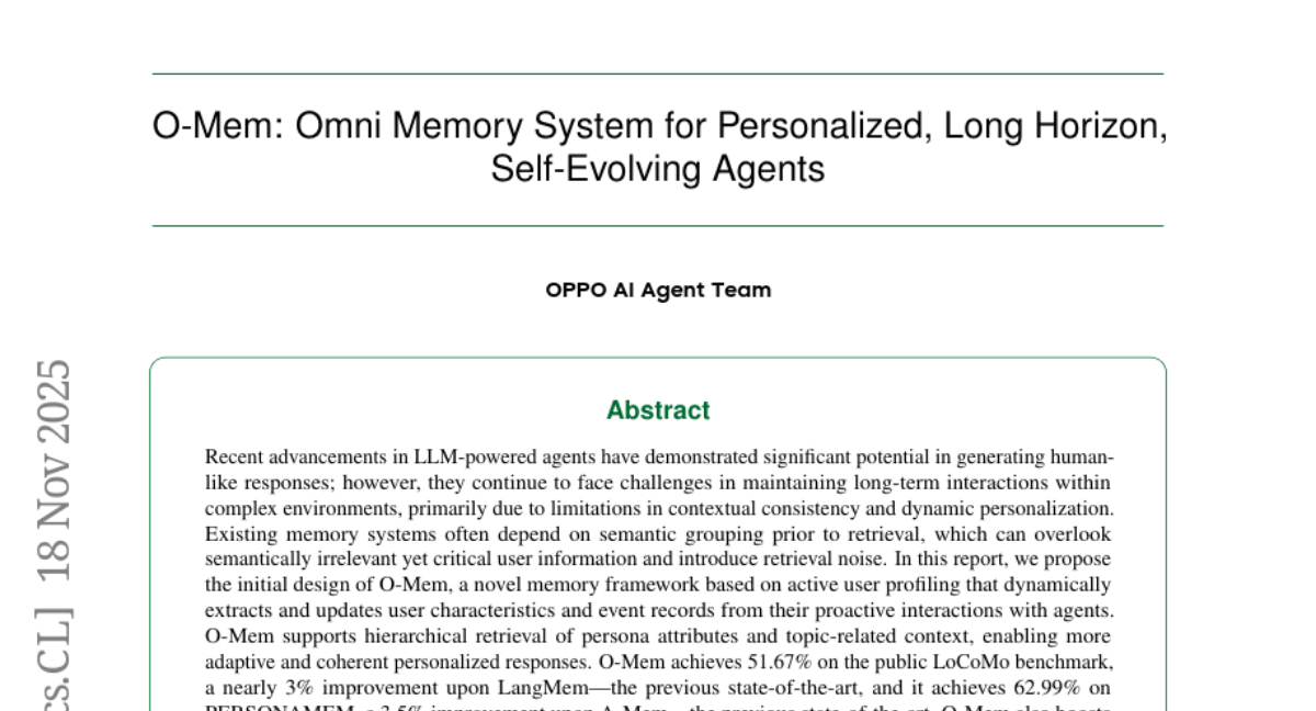 OPPO AI团队发布O-Mem：让AI助手拥有真正的"记忆"