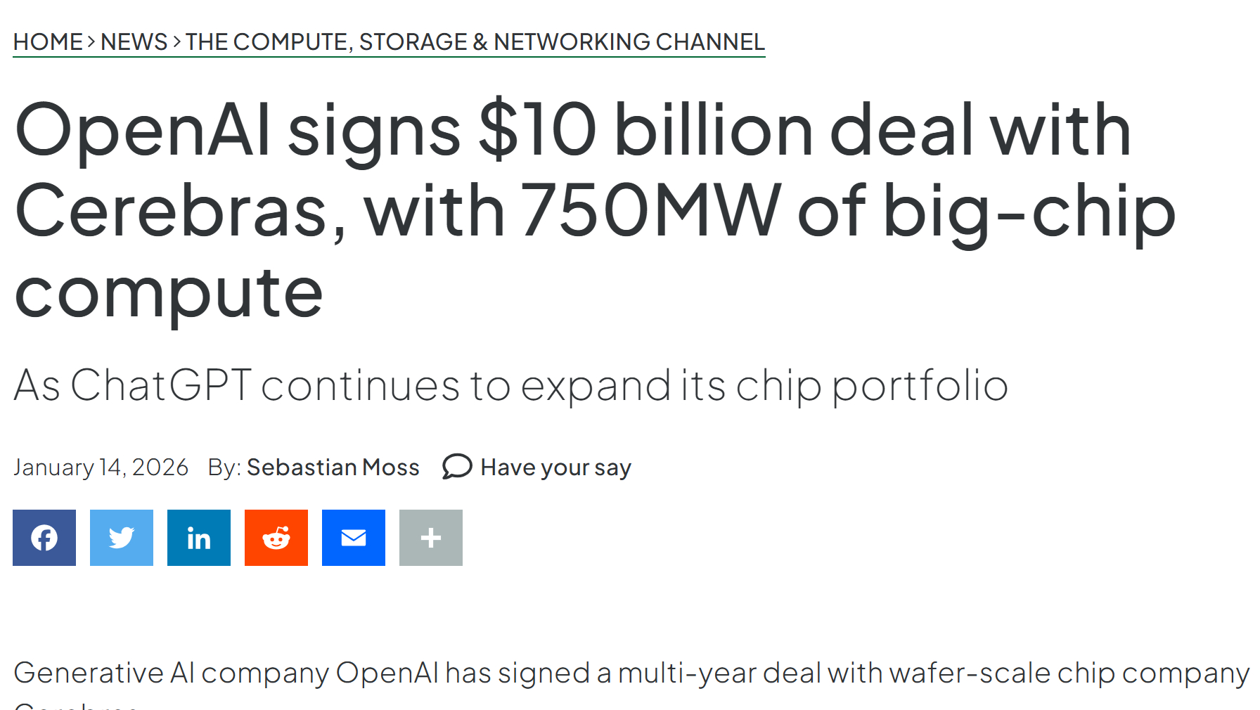 OpenAI与AI芯片企业Cerebras达成合作，三年部署750MW AI推理系统