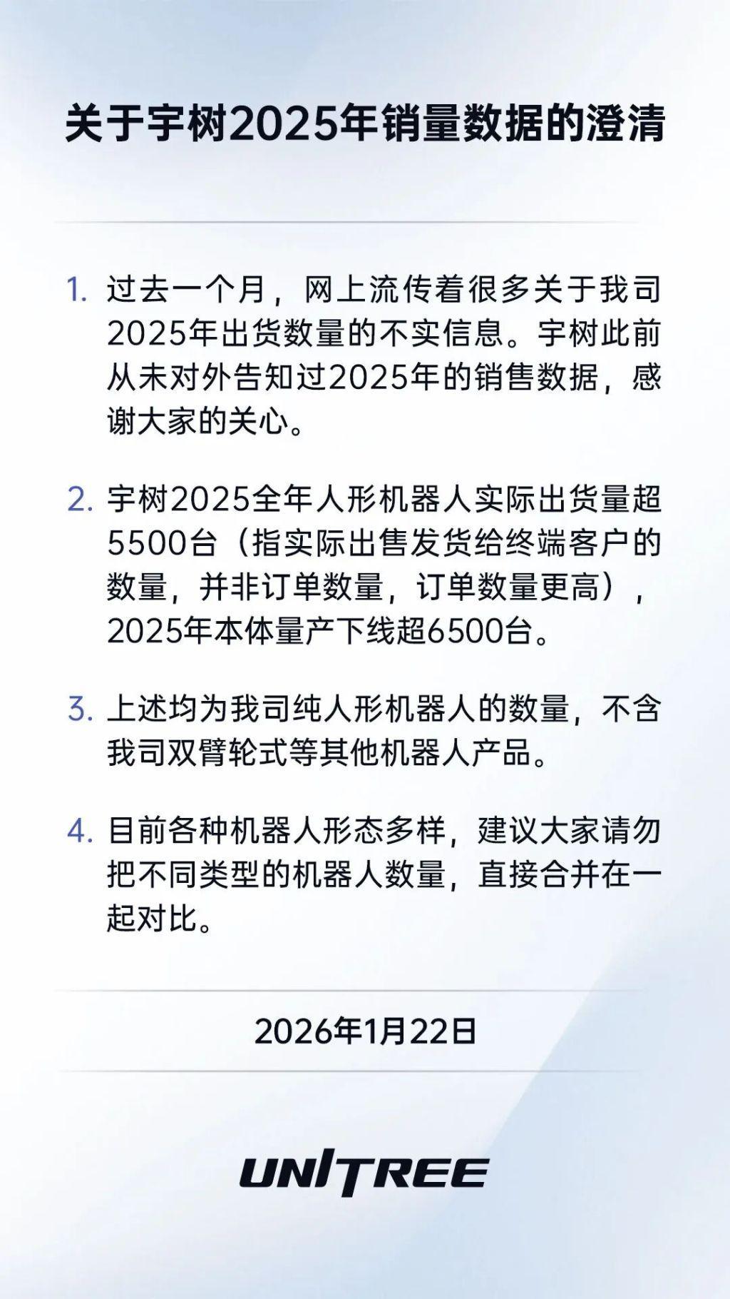 宇树科技：2025年人形机器人实际出货超5500台，请勿把不同类型机器人合并对比