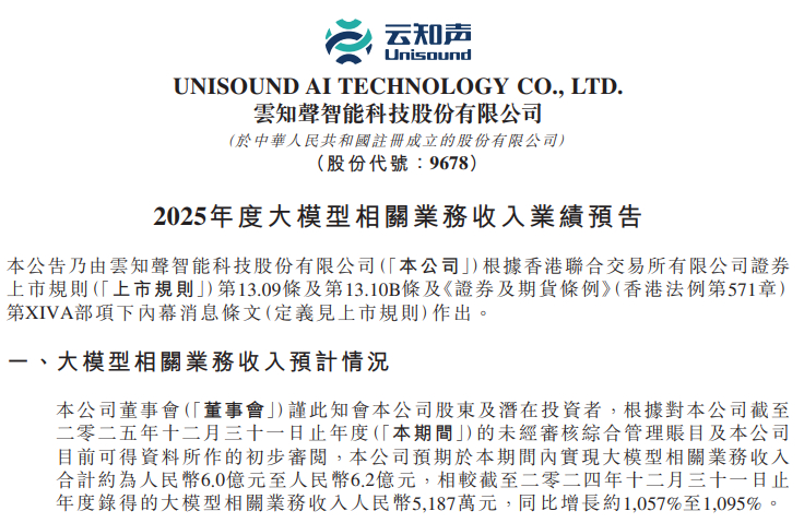 V观财报｜云知声预计2025年大模型收入增超10倍