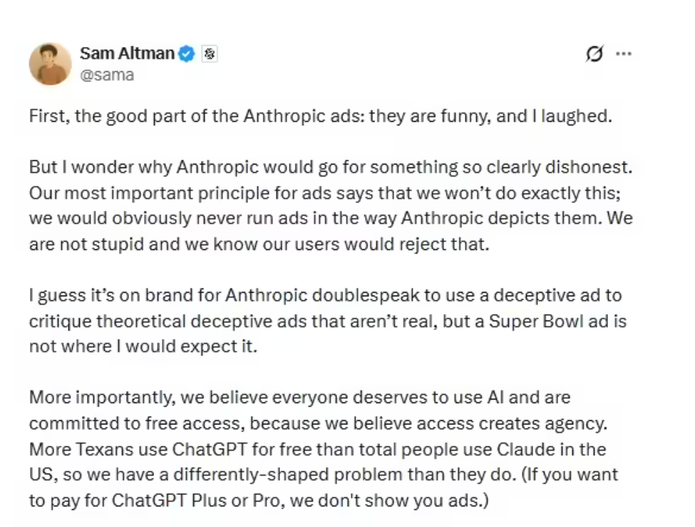 OpenAI 奥特曼驳斥 Anthropic 超级碗广告,指其存在不实信息