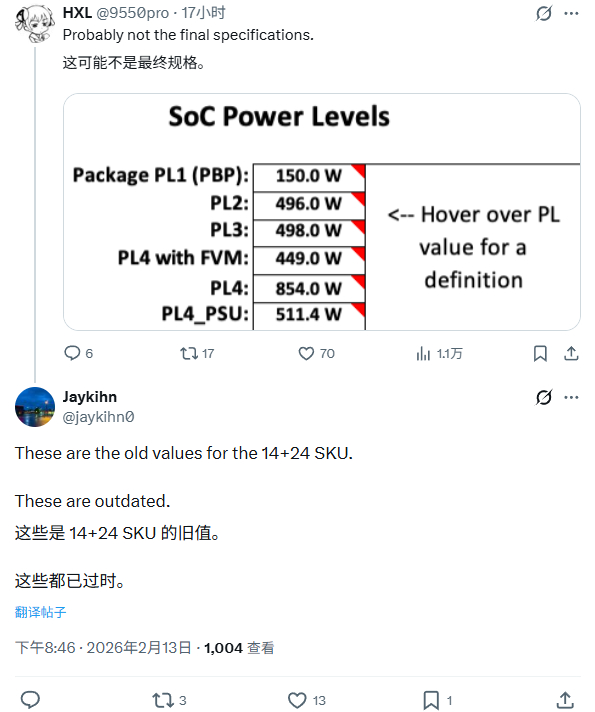 英特尔Nova Lake-S早期功耗数据曝光：双计算芯片型号PL4达854W