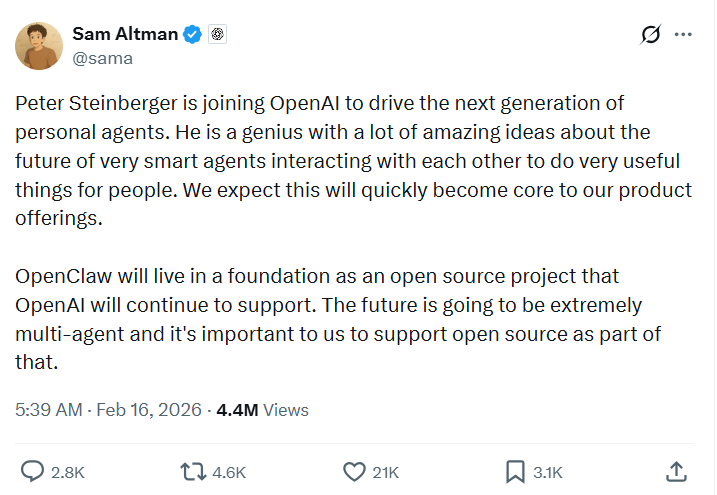 OpenClaw创始人加入OpenAI，目标“开发一款连我妈妈都能用的AI助手”