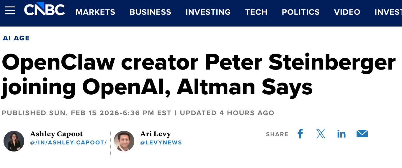 外媒：OpenAI将“收编”OpenClaw创始人来推动个人智能体发展